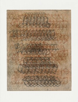 Etchings composed of repeated geometric forms layered in horizontal sequences. As the forms overlap and shift, the linear structures become increasingly dense and begin to merge into textured surfaces. 